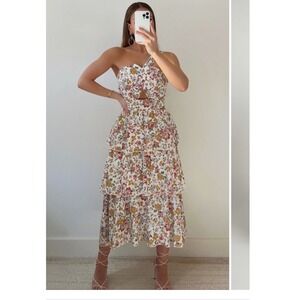 Showpo Caro One Shoulder Tiered Midi Dress Multi Floral Cutout Size 12